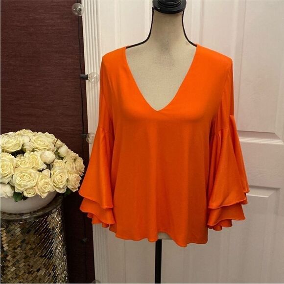 AlexisOrange  100% silk V-Neck Ruffle Sleeve Top, S - Picture 1 of 7